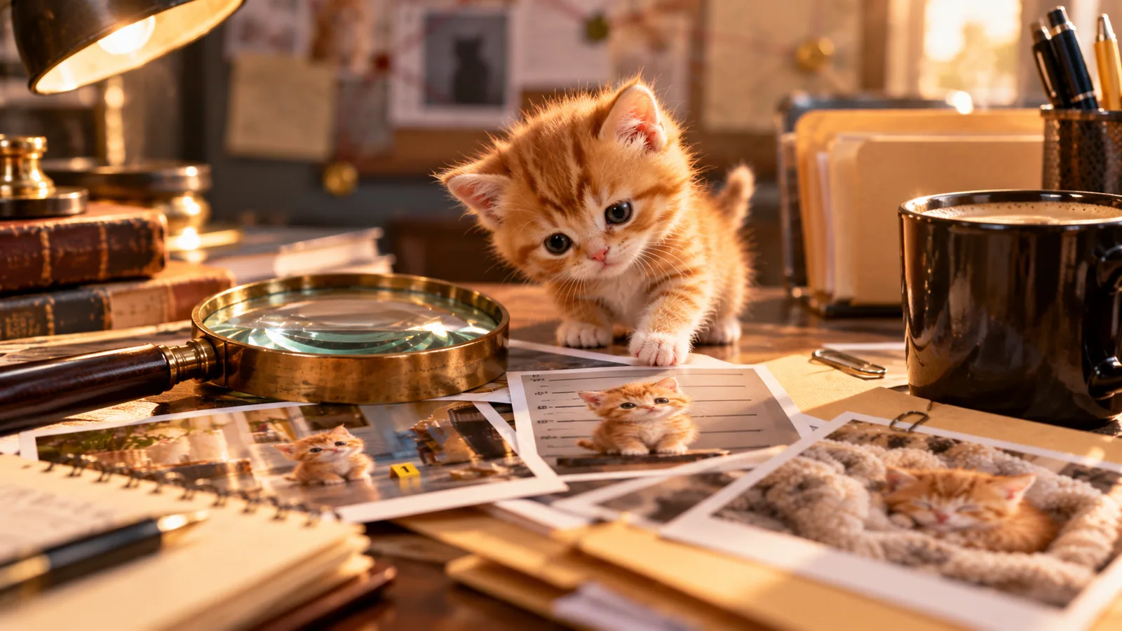 Kitten case files on a desk