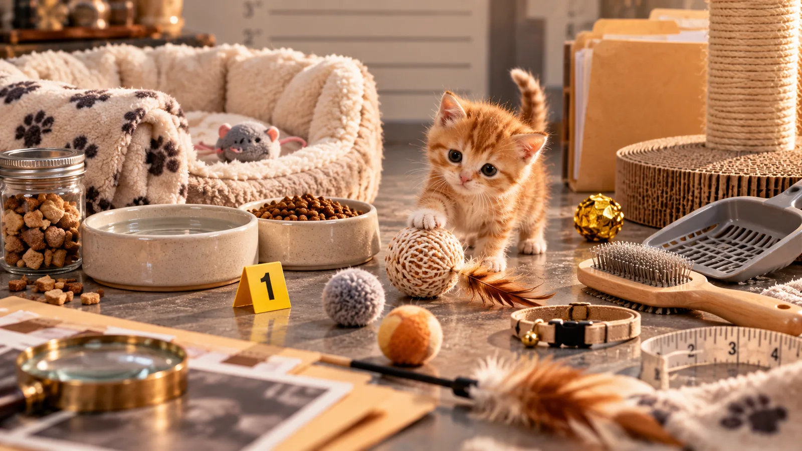 Kitten supplies arranged like evidence