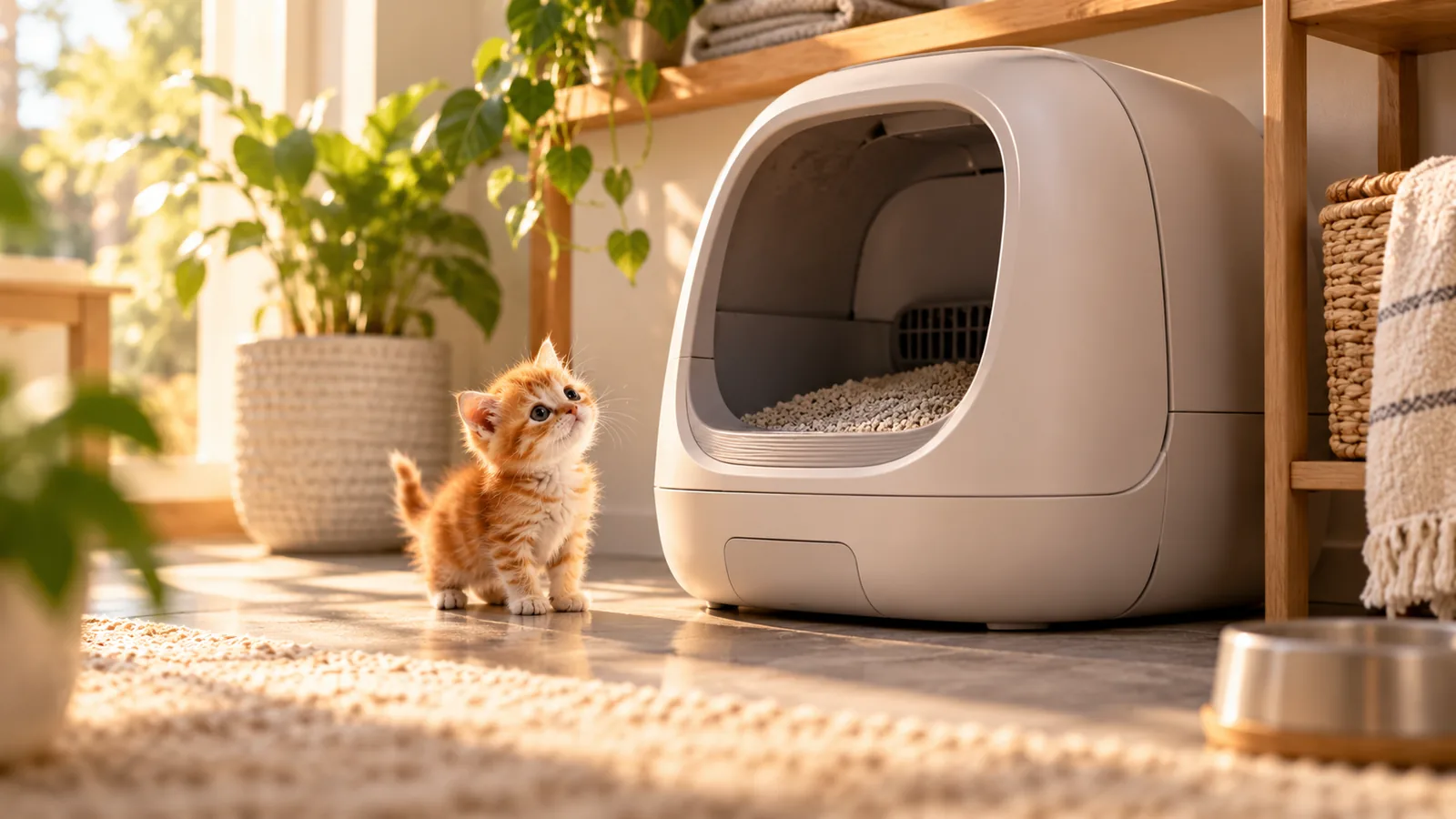 Kitten beside automatic litter box