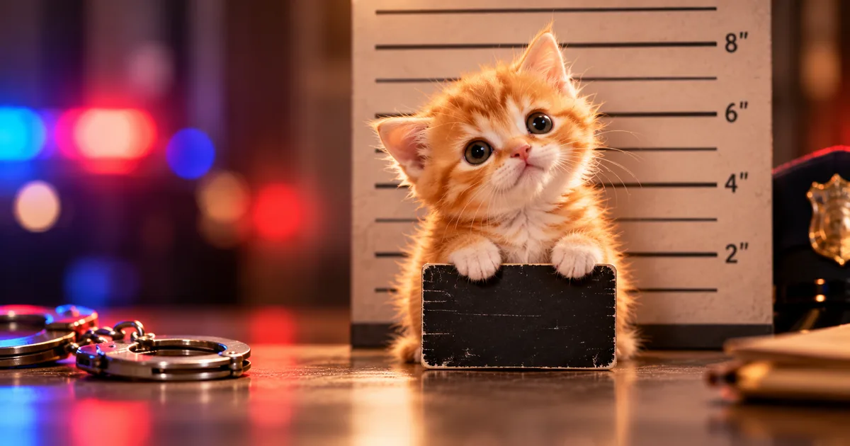 Playful tiny cat booking-photo scene