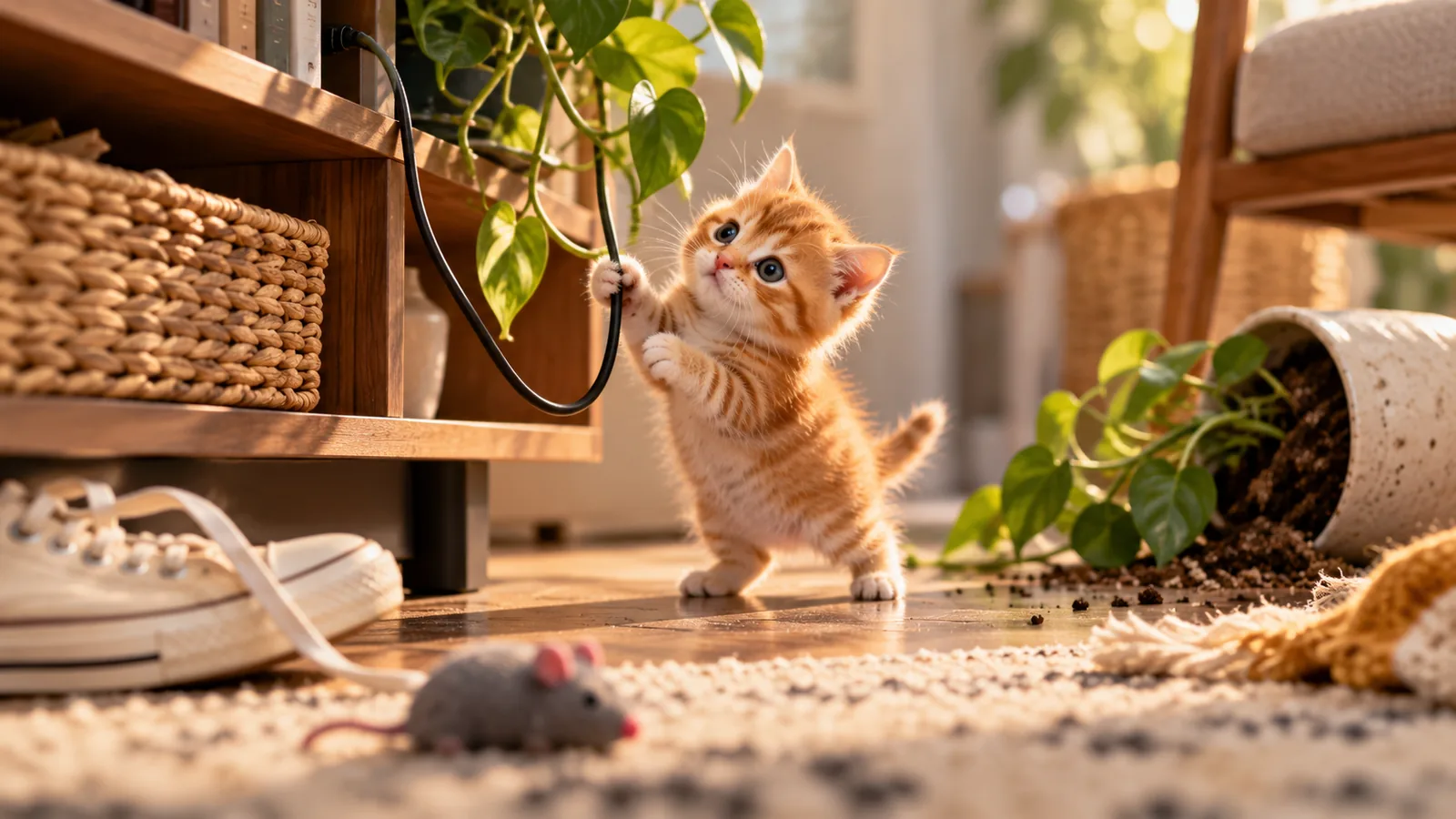 Kitten investigating a cable