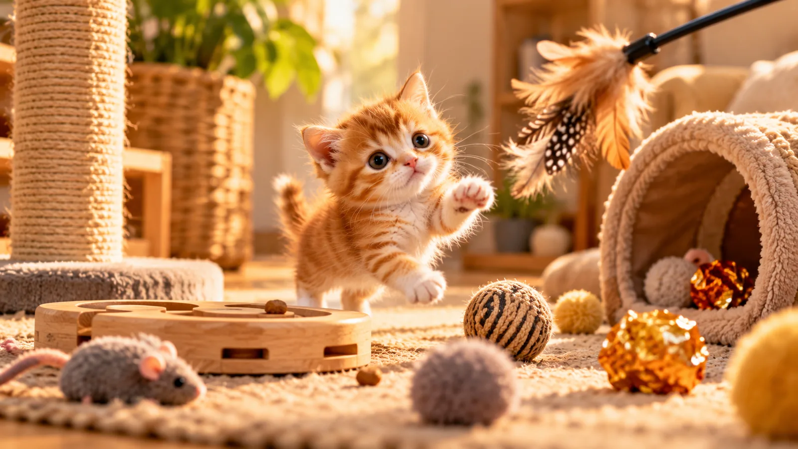 Kitten playing with enrichment toys